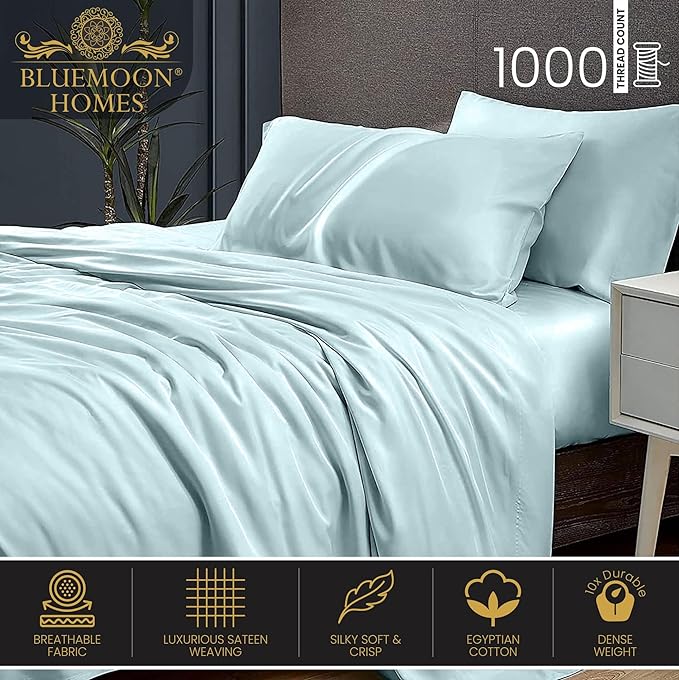 100 Percent Egyptian Cotton Sheets - Full Size 4 Piece Sheet Set 1000 Thread Count Breathable & Cool Sheets - Hotel Luxury Bed Sheets - Fits Upto 18" Deep Pocket, Easy-Fit - Aqua Blue Full Bed Sheets - LeafyLoom