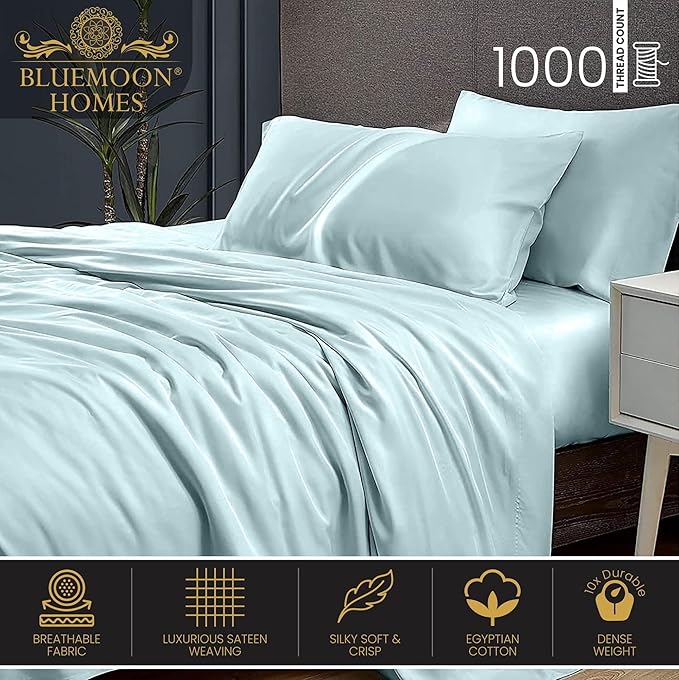 Bluemoon Homes 100% Egyptian Cotton California King Sheets Set, 1000 Thread Count Long Staple Cotton, Thick Sateen Cal King Sheets with 18 Inch Deep Pocket, Ultra Soft & Breathing Cotton - Aqua Blue - LeafyLoom