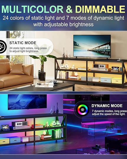 Lvifur LED TV Stand for 65 70 75 inch TV, Auto Sensor Entertainment Center with RGB Dimmable Lights, TV Console Table with Open Storage Shelves and Metal Frame (Black) - LeafyLoom