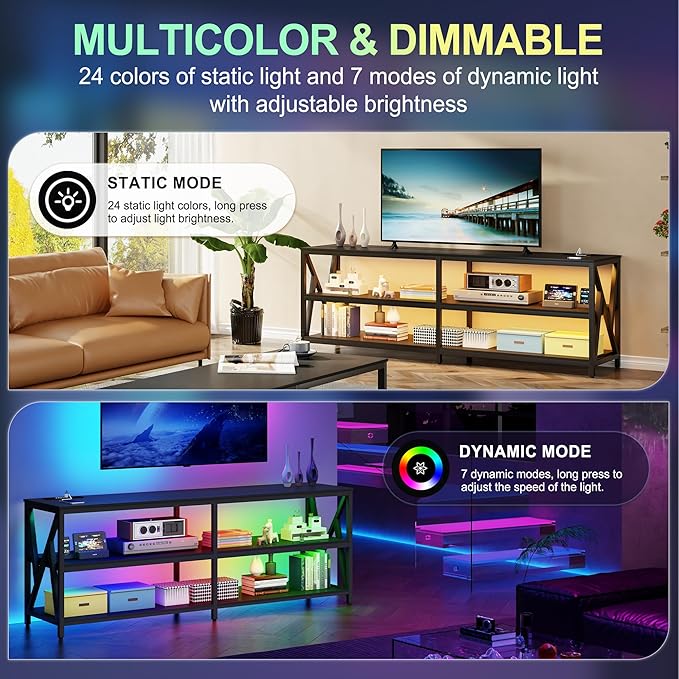 Lvifur LED TV Stand for 65 70 75 inch TV, Auto Sensor Entertainment Center with RGB Dimmable Lights, TV Console Table with Open Storage Shelves and Metal Frame (Black) - LeafyLoom
