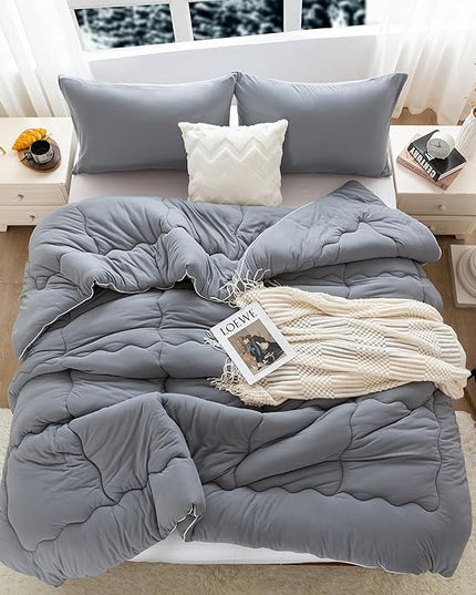COTTEBED Ultra-Soft Warm Comforter Set Queen/Full Size Bed, Thick Milk Cup Breathable Fluffy Bedding Down Alternative & Pillowcase for Man Women Girl Winter Dark Grey - LeafyLoom