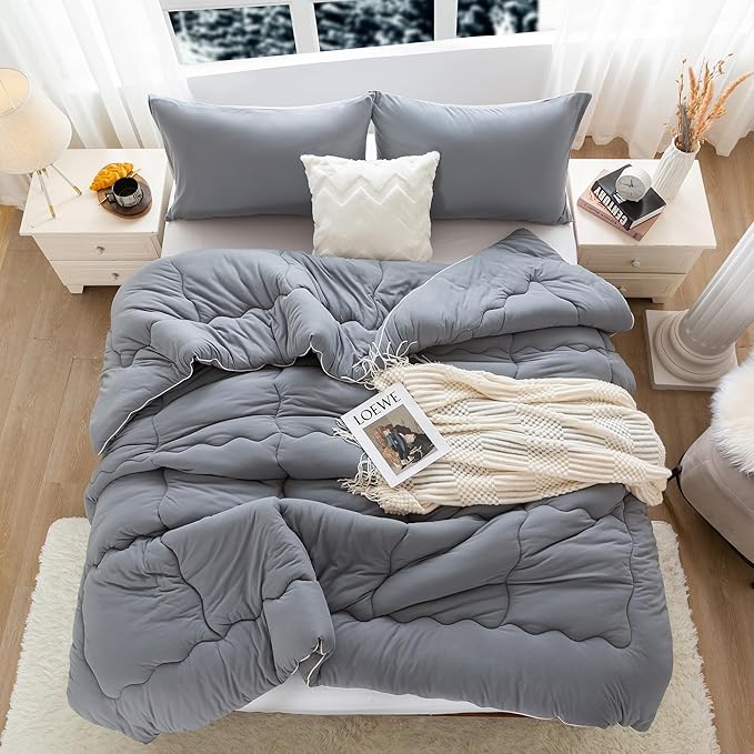 COTTEBED Ultra-Soft Winter King Size Comforter Set, Warm California Cal King Thick Milk Cup Cozy Fully Breathable Bedding 1 Down Alternative with 2 Pillowcase for Winter, Dark Gray - LeafyLoom