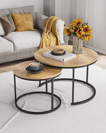 Nesting Coffee Table Set of 2, 27.6" Round Coffee Table Wood Grain Top with Adjustable Non-Slip Feet, Industrial End Table Side Tables for Living Room Bedroom Balcony Yard - LeafyLoom