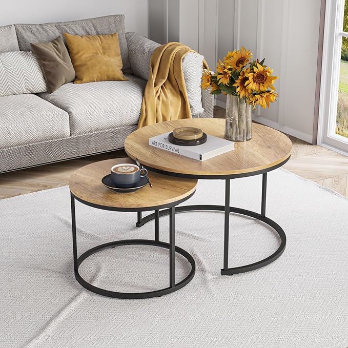 Nesting Coffee Table Set of 2, 27.6" Round Coffee Table Wood Grain Top with Adjustable Non-Slip Feet, Industrial End Table Side Tables for Living Room Bedroom Balcony Yard - LeafyLoom