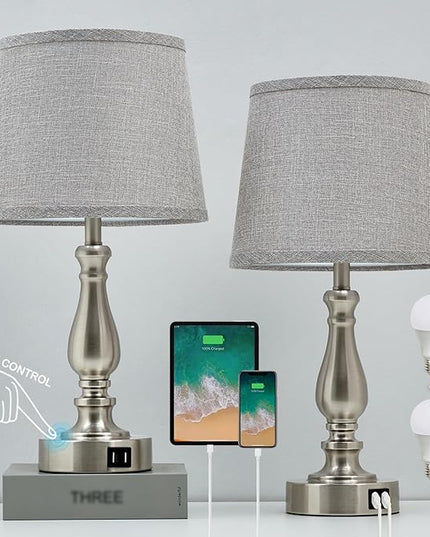 Nightstand Table Lamps for Bedroom Set of 2, Touch Bedside Lamps with Dual USB Ports, 3 Way Dimmable Bedroom Lamps for End Tables, Modern Night Stand Lamps for Living Room Guest Room - LeafyLoom