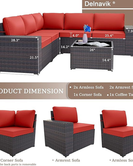 Patio Furniture Set Sofa 6-Piece Wicker PE Rattan Sectional Sofa Set, Outdoor Furniture Patio Conversation Set with Glass Coffee Table and Cushions, Red - LeafyLoom