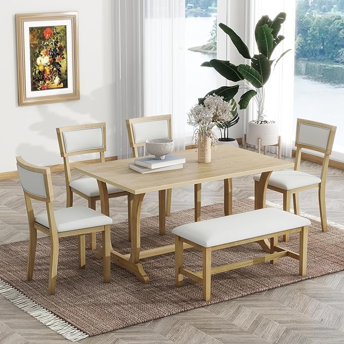 Dining Table Set for 6, Farmhouse 6-Piece Trestle Dining Room Table Set with Upholstered Dining Chairs and Bench, Kitchen Table Set for Dining Room, Brown+Beige - LeafyLoom
