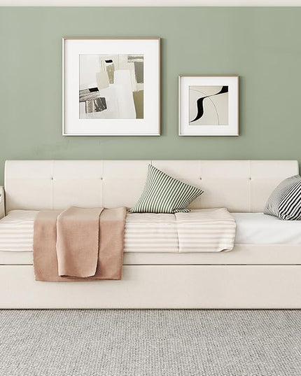 Twin Size Daybed Frame with Pop up Trundle,Upholstered Day Bed with Charging Station,Daybed with Trundle Bed Twin,Wood Sofa Bed Frame with USB for Bedroom,Living Room,Guest,Office,Twin,Beige - LeafyLoom