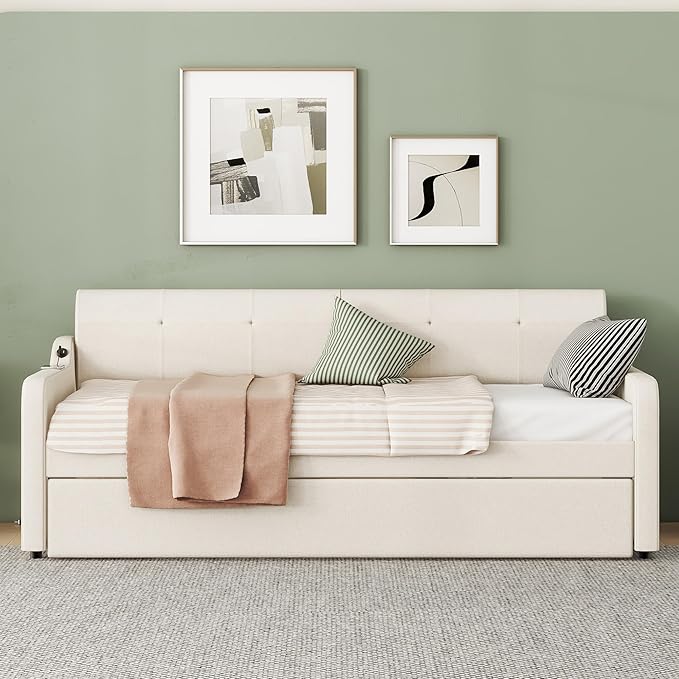 Twin Size Daybed Frame with Pop up Trundle,Upholstered Day Bed with Charging Station,Daybed with Trundle Bed Twin,Wood Sofa Bed Frame with USB for Bedroom,Living Room,Guest,Office,Twin,Beige - LeafyLoom