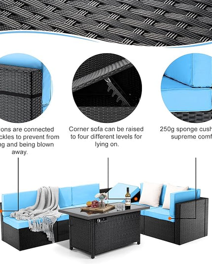 Pamapic 8 Pieces Patio Conversation Sets with fire Pit, Patio Furniture Sectional Sofa with Gas Fire Pit Table(Black Wicker,Blue Cushions) - LeafyLoom