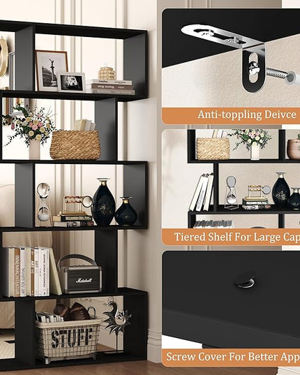 Yusong Bookshelf 5-Tier, Geometric Bookcase S Shaped Book Shelves for Bedroom, Modern Wood Decorative Display Shelf Book Case for Home Office, Black - LeafyLoom