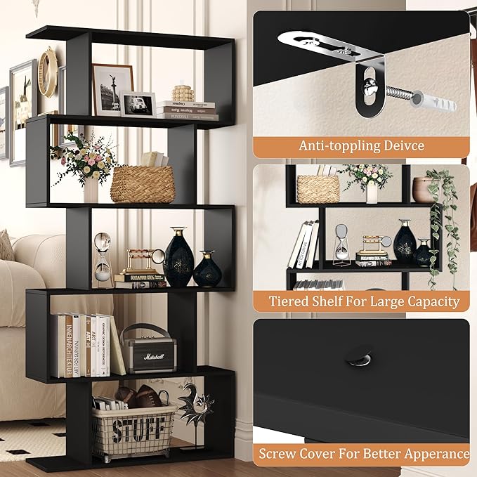 Yusong Bookshelf 5-Tier, Geometric Bookcase S Shaped Book Shelves for Bedroom, Modern Wood Decorative Display Shelf Book Case for Home Office, Black - LeafyLoom