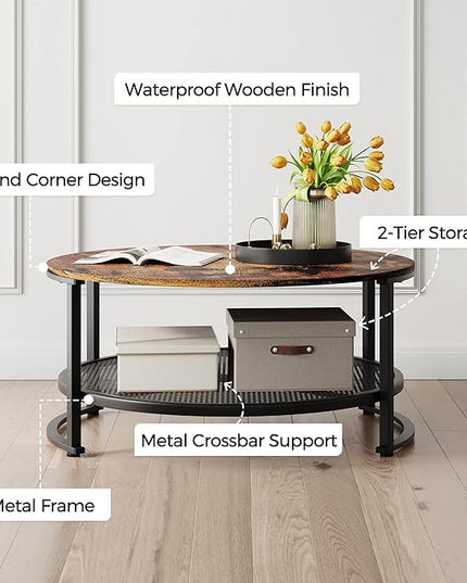 LINSY Home Round Coffee Table Set of 3 for Living Room, Industrial Coffee Table with Open Storage, Rustic Wood Surface Top & Sturdy Metal Legs Large Circle Coffee Table, Brown and Black - LeafyLoom