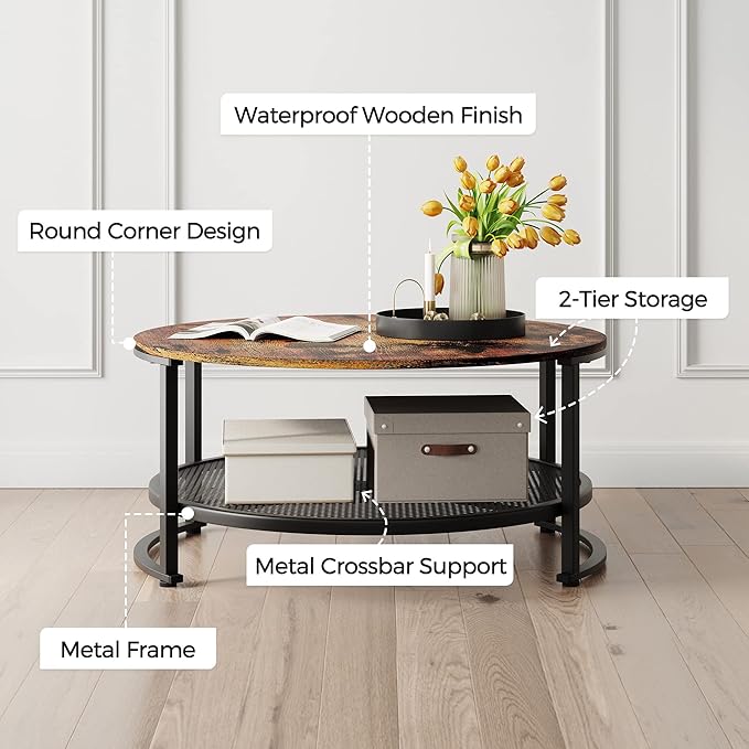 LINSY Home Round Coffee Table Set of 3 for Living Room, Industrial Coffee Table with Open Storage, Rustic Wood Surface Top & Sturdy Metal Legs Large Circle Coffee Table, Brown and Black - LeafyLoom