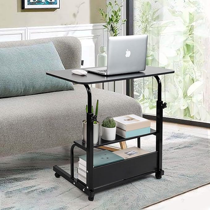 Adjustable Home Office Desk Portable Student Study Computer Desk Furniture for Small Spaces Movable Sofa Side Table on Wheels Laptop Desk with Storage Black Size 31x16 Inch - LeafyLoom