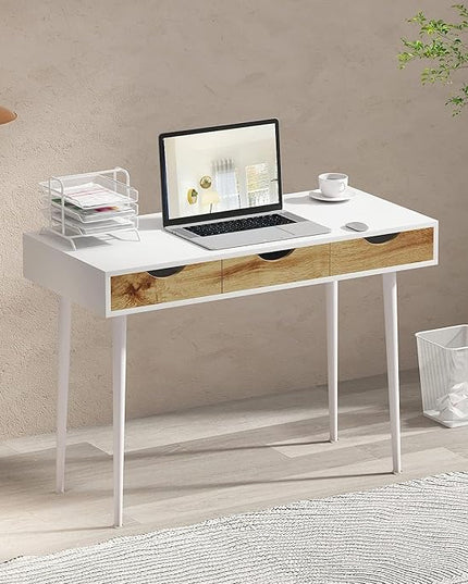 SogesHome 43.3 Computer Desk, Home Office Work Table with 3-Drawers, Gaming Working Writing Table, White&Teak - LeafyLoom