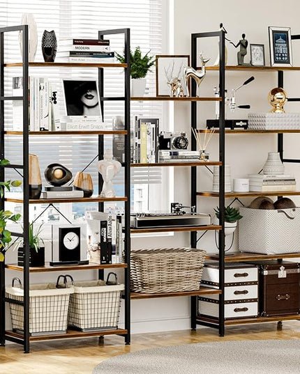 NUMENN Triple Wide 5 Tier Bookshelf, Rustic Industrial Style Bookcases with 14 Open Display Shelves, Modern Tall Bookcase Furniture for Bedroom, Living Room and Home Office, Vintage - LeafyLoom