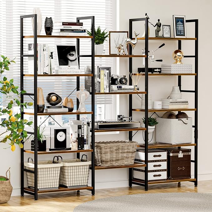 NUMENN Triple Wide 5 Tier Bookshelf, Rustic Industrial Style Bookcases with 14 Open Display Shelves, Modern Tall Bookcase Furniture for Bedroom, Living Room and Home Office, Vintage - LeafyLoom