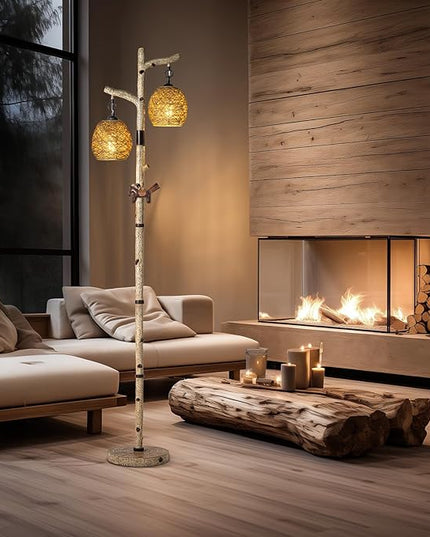 68.5" Rustic Farmhouse Remote Control Switch Birch Tree Floor lamp with Bird Nest Lantern Shade Vintage Standing Lamp for Living Room Bedroom Hotel Bar Office Wood House(LED Bulb Included) - LeafyLoom