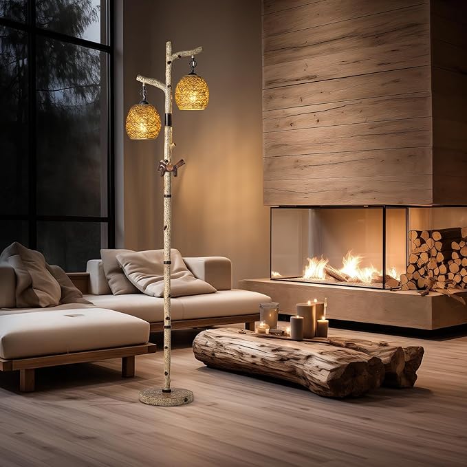 68.5" Rustic Farmhouse Remote Control Switch Birch Tree Floor lamp with Bird Nest Lantern Shade Vintage Standing Lamp for Living Room Bedroom Hotel Bar Office Wood House(LED Bulb Included) - LeafyLoom