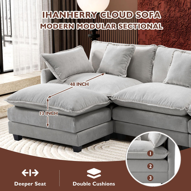 Ihanherry 111.4" L Shaped Modern Sofa Modular Sectional Cloud Couch with Ottoman, 4-Seat Chenille Deep Seat Sofa with Pillow for Living Room, Bedroom and Apartment, Beige LeafyLoom