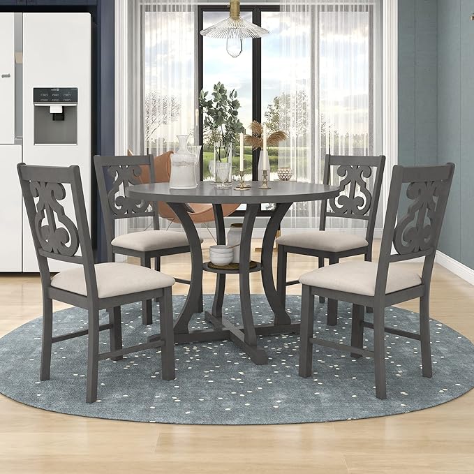 NicBex Dining Room Table Set for 4 Dining Table with Chairs 5-Piece Round Dining Table and 4 Fabric Chairs with Special-Shaped Table Legs and Storage Shelf, Gray - LeafyLoom