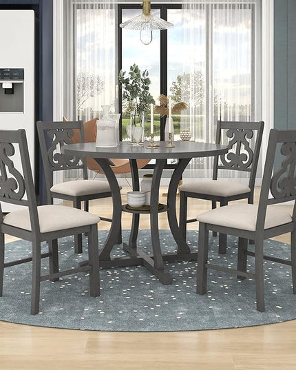 5-Piece Round Dining Table Set with Special-Shaped Legs and an Exquisitely Designed Hollow Chair Back for Diningroom, Living Room, Kitchen, Gray - LeafyLoom