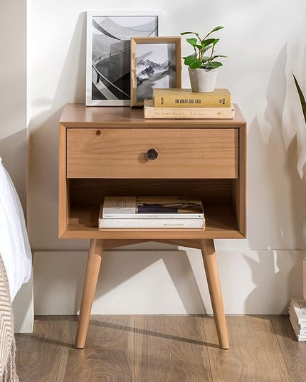 Walker Edison Mid Century Modern 1 Nightstand Bedroom Storage Drawer and Shelf Bedside End Table, 24 Inch, Natural Pine - LeafyLoom