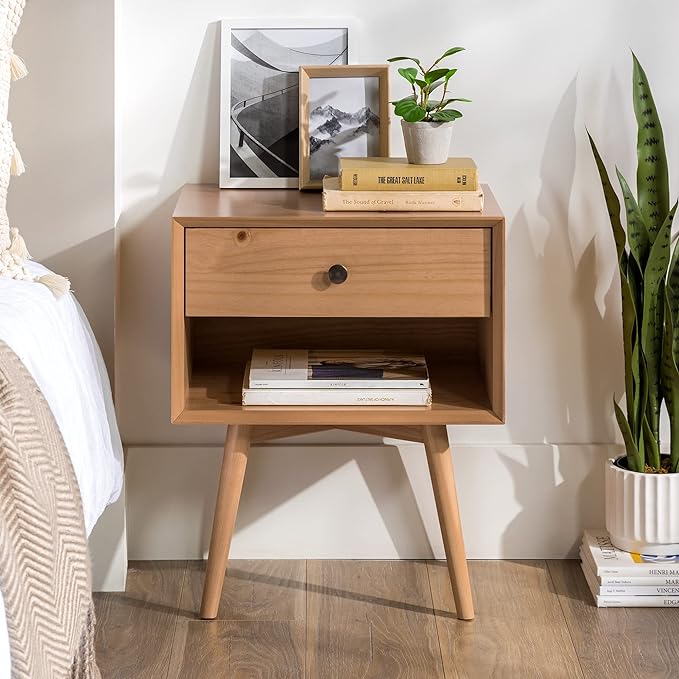 Walker Edison Mid Century Modern 1 Nightstand Bedroom Storage Drawer and Shelf Bedside End Table, 24 Inch, Natural Pine - LeafyLoom