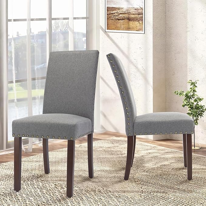 COLAMY Modern Wood Dining Chairs Set of 2, Parsons Dining Chairs, 19 Inch Padded Dining Chairs with Nailed Trim for Kitchen Dining Living Room, Grey - LeafyLoom