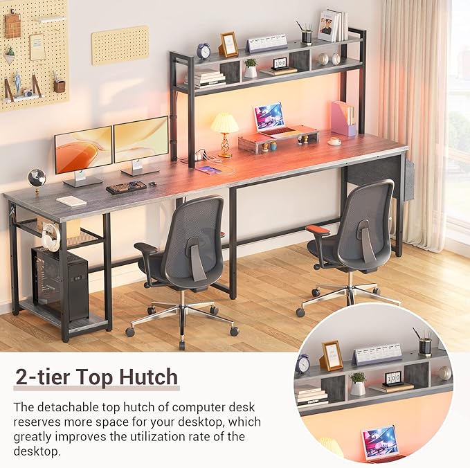 Aheaplus L Shaped Desk with Power Outlet & LED Strip, Reversible L-Shaped Corner Computer Desks Gaming Desk with Storage Shelf & Monitor Stand, Modern 2 Person Home Office Desk Writing Desk, White Oak - LeafyLoom