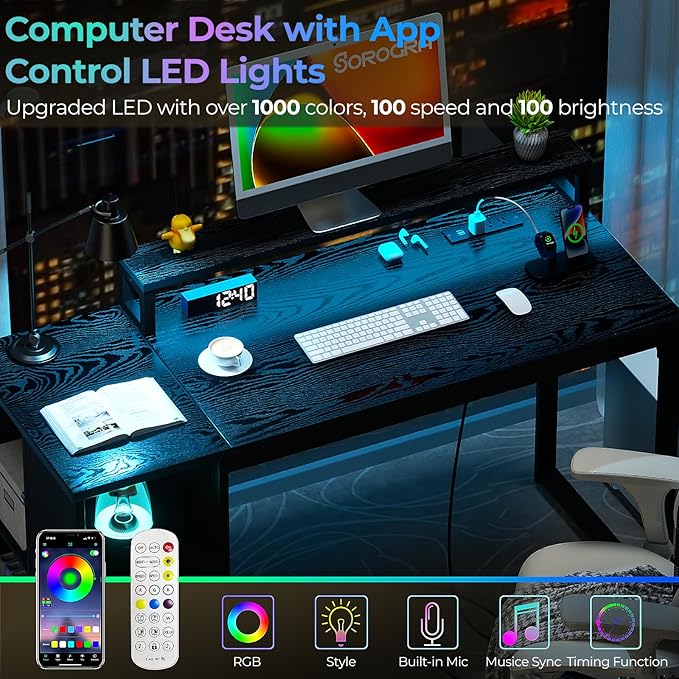 Computer Desk with LED Lights and Power Outlets 47 inch Gaming Desk with Storage Shelves, Small Home Office Desk with Monitor Stand for Bedroom,Workstation, Black - LeafyLoom
