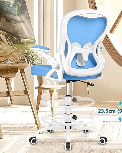 Drafting Chair, Tall Office Chair Ergonomic Standing Desk chair, Lumbar Support Computer Chair Swivel Task Rolling Chair with Adjustable Flip-up Armrests & Foot Ring (Sky Blue) - LeafyLoom