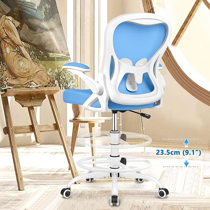 Drafting Chair, Tall Office Chair Ergonomic Standing Desk chair, Lumbar Support Computer Chair Swivel Task Rolling Chair with Adjustable Flip-up Armrests & Foot Ring (Sky Blue) - LeafyLoom