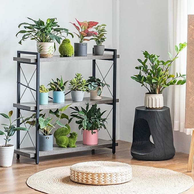 HCHQHS Bookshelf, 3-Tier Industrial Bookcase, Rustic Open Book Shelf, Freestanding Horizontal Bookshelves with Metal Frame - LeafyLoom