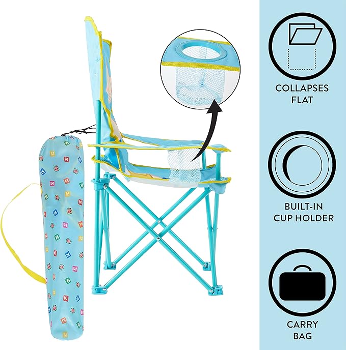 Idea Nuova Kids Indoor-Outdoor Folding Camp Chair with Carry Case, Cocomelon - LeafyLoom