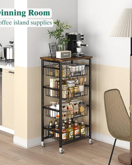 Kitchen Storage Cart with Wheels, 5-Tier Metal Utility Rolling Cart Fruit Vegetable Storage Basket Pantry Rack with Wood Top & Pull Out Baskets for Kitchen, Livingroom, Diningroom, Office - LeafyLoom