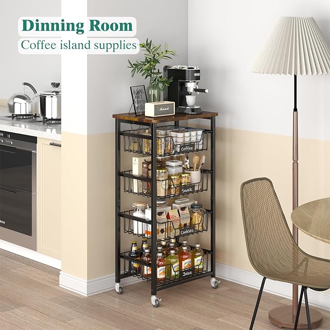 Kitchen Storage Cart with Wheels, 5-Tier Metal Utility Rolling Cart Fruit Vegetable Storage Basket Pantry Rack with Wood Top & Pull Out Baskets for Kitchen, Livingroom, Diningroom, Office - LeafyLoom