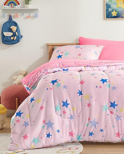 SLEEP ZONE Kids Comforter Set, Jersey Knit 3 Pieces Bedding Set for Girls, Soft, Breathable, Washable, Easy Care (Colorful Stars, Full/Queen) - LeafyLoom