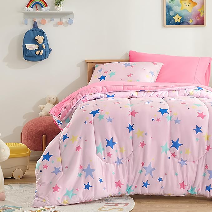 SLEEP ZONE Kids Comforter Set, Jersey Knit 3 Pieces Bedding Set for Girls, Soft, Breathable, Washable, Easy Care (Colorful Stars, Full/Queen) - LeafyLoom