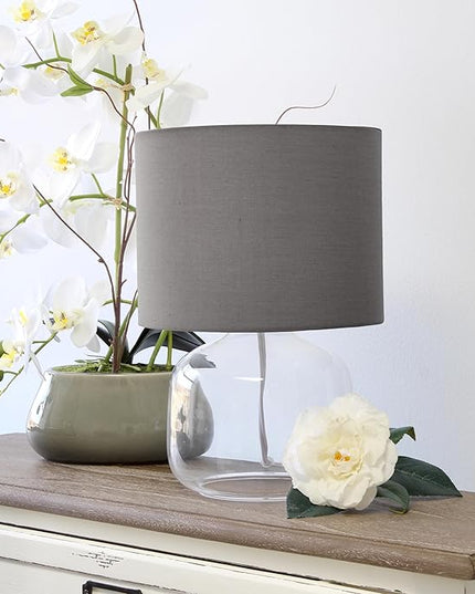 Simple Designs LT2064-CLG Clear Glass Table Lamp with Gray Fabric Shade - LeafyLoom
