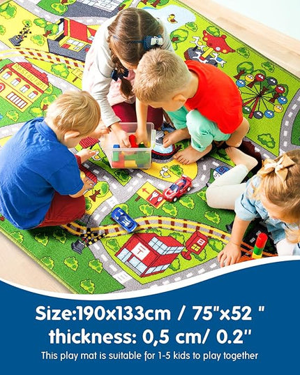 Booooom Jackson Train Car Rug for Kids-Kids Road Rug-Car Area Rug-Oval Rug-Kids Car Rug Play Mat-Car Rug for Boys Room Playroom Bedroom-Car Track Rug-Car Play Mat-Kids Rug City Car Carpet - LeafyLoom