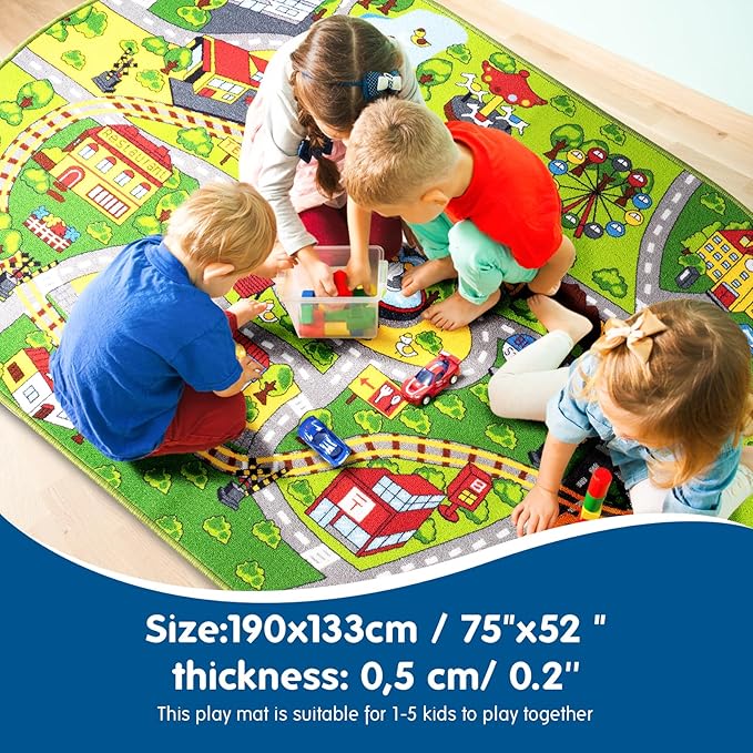 Booooom Jackson Train Car Rug for Kids-Kids Road Rug-Car Area Rug-Oval Rug-Kids Car Rug Play Mat-Car Rug for Boys Room Playroom Bedroom-Car Track Rug-Car Play Mat-Kids Rug City Car Carpet - LeafyLoom