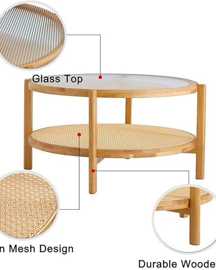 35'' Modern Round Coffee Table with Textured Glass Tabletop, 2 Tier Center Table for Living Room with Rattan Woven Storage Shelf, Wood Frame Natural Wood Coffee Table, Natural Wood - LeafyLoom