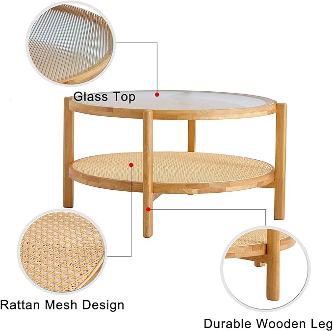 35'' Modern Round Coffee Table with Textured Glass Tabletop, 2 Tier Center Table for Living Room with Rattan Woven Storage Shelf, Wood Frame Natural Wood Coffee Table, Natural Wood - LeafyLoom