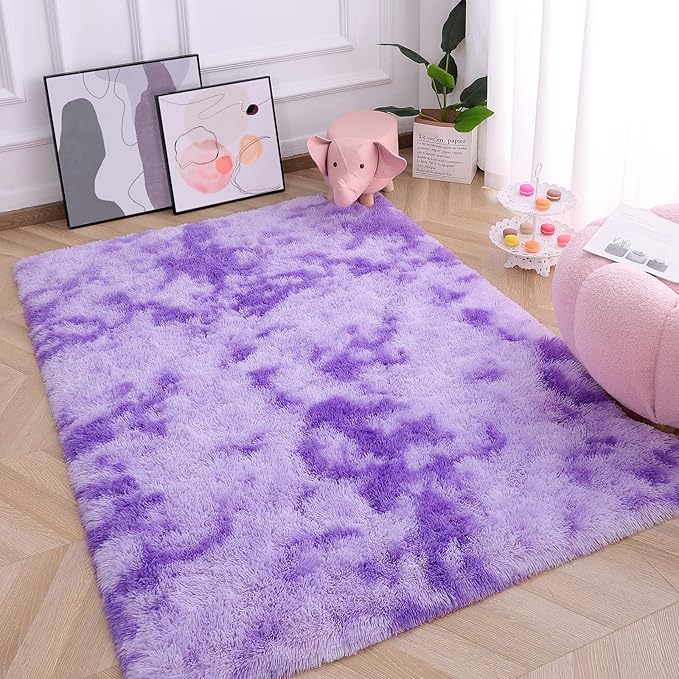 AROGAN Soft Rainbow Area Rugs for Girls Room 4x6 Feet, Fluffy Girls Bedroom Rugs, Princess Rug, Cute Colorful Carpet for Kids Teens Nursery Toddler, Purple - LeafyLoom