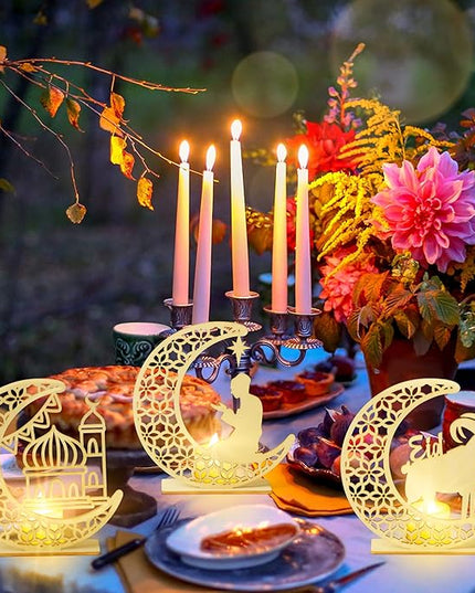 3Pcs Eid al Adha Night Light Decoration Wooden Table Decor, Moon Castle Sheep Wooden Centerpiece with Plastic LED Night Light for Eid al Adha Party Home Indoor Outdoor Bedroom Tabletop Decor - LeafyLoom