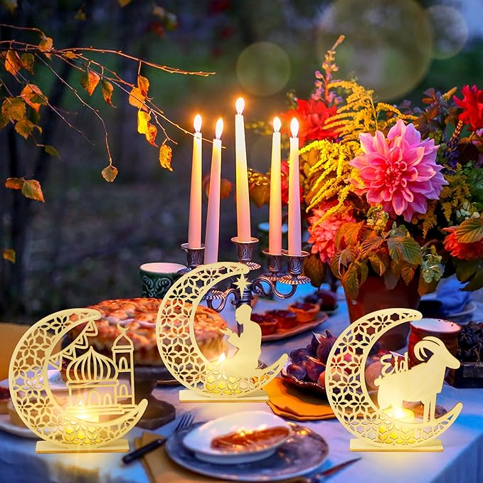 3Pcs Eid al Adha Night Light Decoration Wooden Table Decor, Moon Castle Sheep Wooden Centerpiece with Plastic LED Night Light for Eid al Adha Party Home Indoor Outdoor Bedroom Tabletop Decor - LeafyLoom
