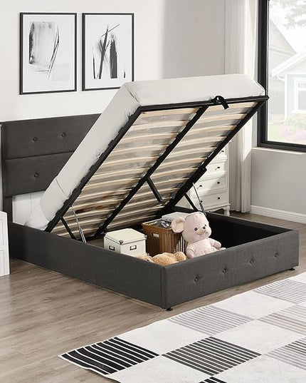 Upholstered Full Size Bed Gas Lift Up Storage Platform Bed Frame with Tufted Headboard Wooden Slat Support & Under Bed Storage, No Box Spring Needed - LeafyLoom