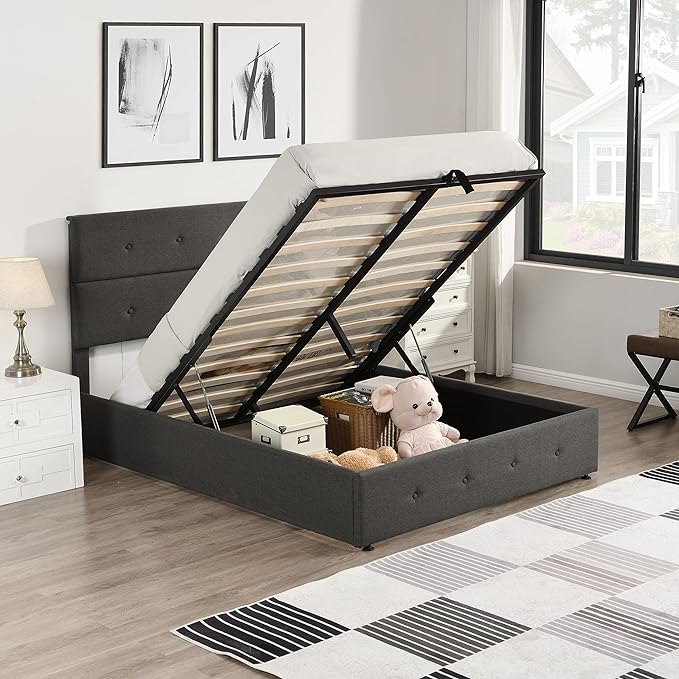 Full Size Upholstered Platform Bed with Underneath Storage, Modern Linen Platform Bedframe with Headboard and Wooden Slat Support,for Kids Adults Living Room Guest Room,Bedroom - LeafyLoom
